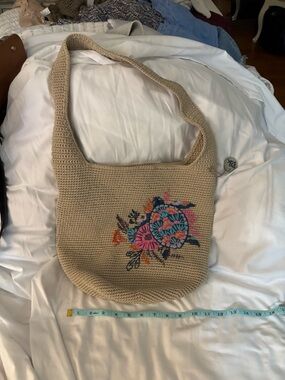 The Sak Beige Crochet Shoulder Bag with Multicolor Floral Embroidery